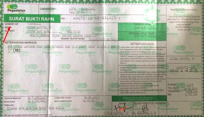 No Kontrak Pegadaian