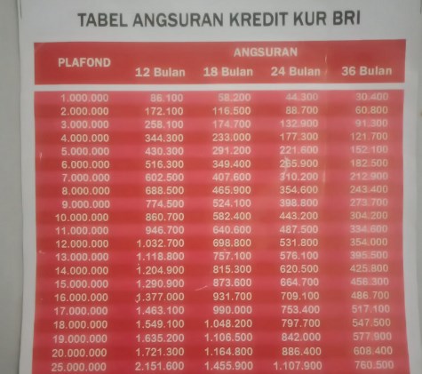 Tabel Angsuran Kur BRI 2025