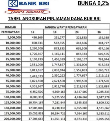 Tabel Pinjaman KUR BRI